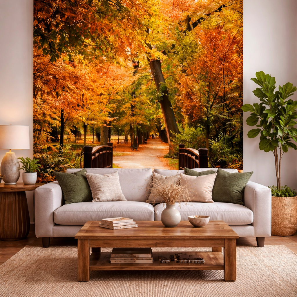 aranżacja fototapety z parkiem w salonie